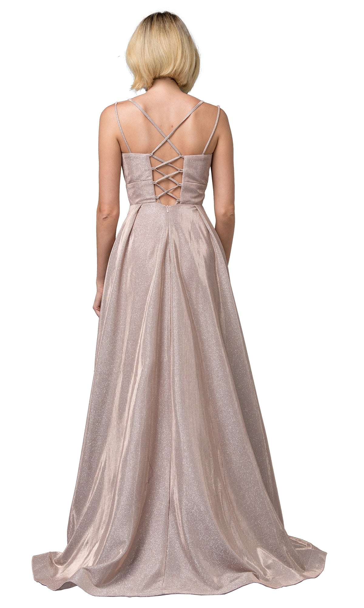 A woman in the Lace-Up Long Gold Prom Dress, Dancing Queen 2611, with a lace-up back and thin straps stands facing away from the camera, radiating elegant prom style.